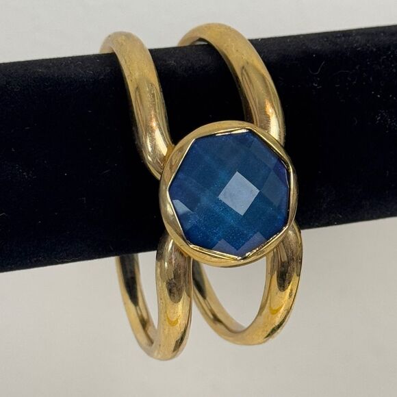 Gold Tone Blue Gemstone Hinged Cuff Bracelet - Picture 2 of 4